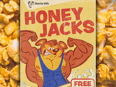 Honey Jacks Cereal bear breakfastcereal cereal cerealbox cerealboxart flakes illustation muscles packagingdesign parody proteinpowder retroart vintageboxart