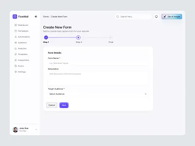 Email Marketing SaaS Dashboard UIUX | Multi Step Form Creation interface product service startup ui ux web