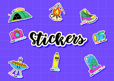 Y2K stickers 2000`s 90`s camping characters characters design design dribbble graphic design icon illustration neon pack sticker design stickers stickers pack travel typography vector y2k
