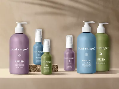 Lost Range Body Oils blue body bottle branding cbd clean cool green lavender lost massage matte mockup natural oil packaging purple range rub spa