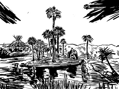 Paradise Lost black and white island palm tree paradise sketch tiki tropics