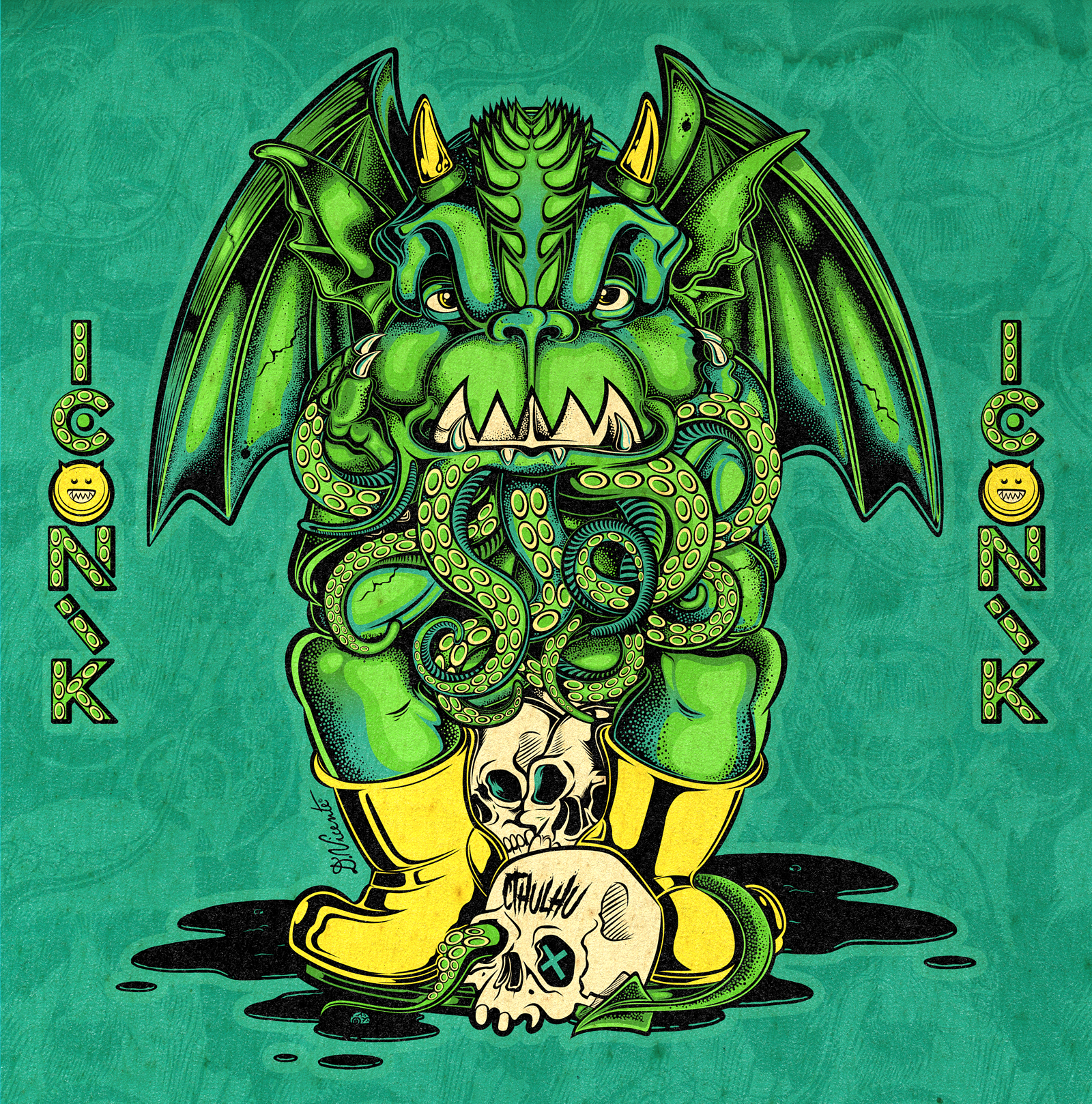 TEEN GARGOYLE #13 – CTHULHU VIBES cartoon art character design color illustration cosmic horror creature design cthulhu david vicente digital art gargoyle illustration inking lovecraftian art lowbrow art monster art pop culture art retro style sea monster teenage gargoyle tentacle art weird art