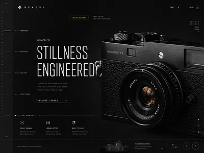 Product Landing Page — Nokori 35 Minimalist Dark Mode boutique brutalism camera clean dark mode e commerce film camera hardware interface landing page luxury minimalist mono font photography product design tech typography ui design ux design web design