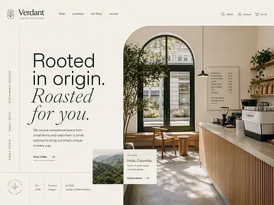 Landing Page — Editorial Coffee Roastery Website beverage boutique branding clean coffee e commerce editorial elegant landing page layout lifestyle minimalist modern organic roastery serif typography ui design ux design web design
