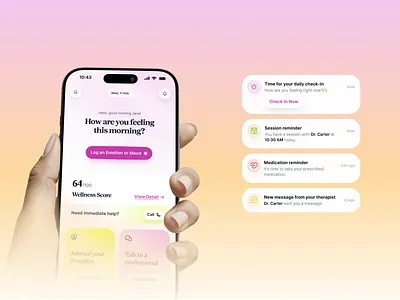 WellNest Lockscreen Notifications 10am space daily checkin emotional design health tech healthcare interaction design ios design lock screen mental health micro interaction mobile app mobile ui notification design nudge design product design push notification ui design user interface ux design wellness
