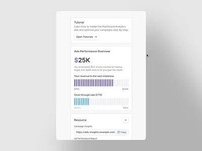 Dashboard Sidebar Component Interaction ads dashboard ads performance analytics dashboard analytics ui campaign tracker ctr graph dashboard animation dashboard component dashboard ui marketing dashboard product design revenue tracker saas dashboard stats panel ui design ux design web animation web app web app dashboard web prototype