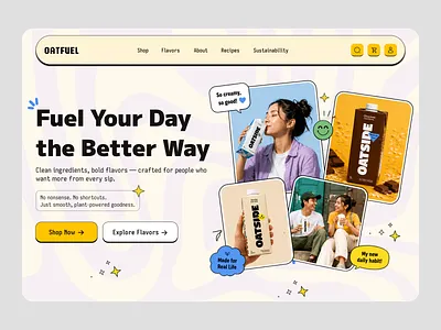 Oat Milk Brand Landing Page UI Design beverage website brand identity creative layout ecommerce ui food branding food website healthy drink healthy lifestyle landing page landing page design oat milk oat milk website organic brand plant based product showcase startup website vegan product web design web inspiration website inspiration