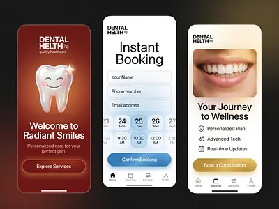 Dental Clinic Mobile App – Modern Healthcare UI app appointment app clinic dental dentist digital health doctor app healthcare healthcare app medical medical app mobile app mobile app design mobile ui patient care app product design teeth ui ux