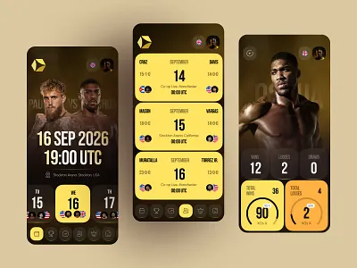 Boxing Fight App UI — Schedule & Stats Dashboard app design boxing creative ui dark ui dashboard ui data visualization event app fight app fitness app interface design ios mobile app mobile ui modern ui product design sports app sports ui ui design ui ux ux design