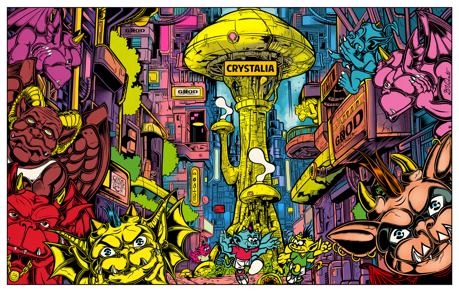 CRYSTALIA – GARGOYLE CITY / COLOR VERSION character design cityscape color illustration comic art creature design crystalia david vicente detailed illustration digital art fantasy city gargoyle city gargoyles illustration lowbrow art neon city pop culture art teenage gargoyles urban fantasy weird art worldbuilding