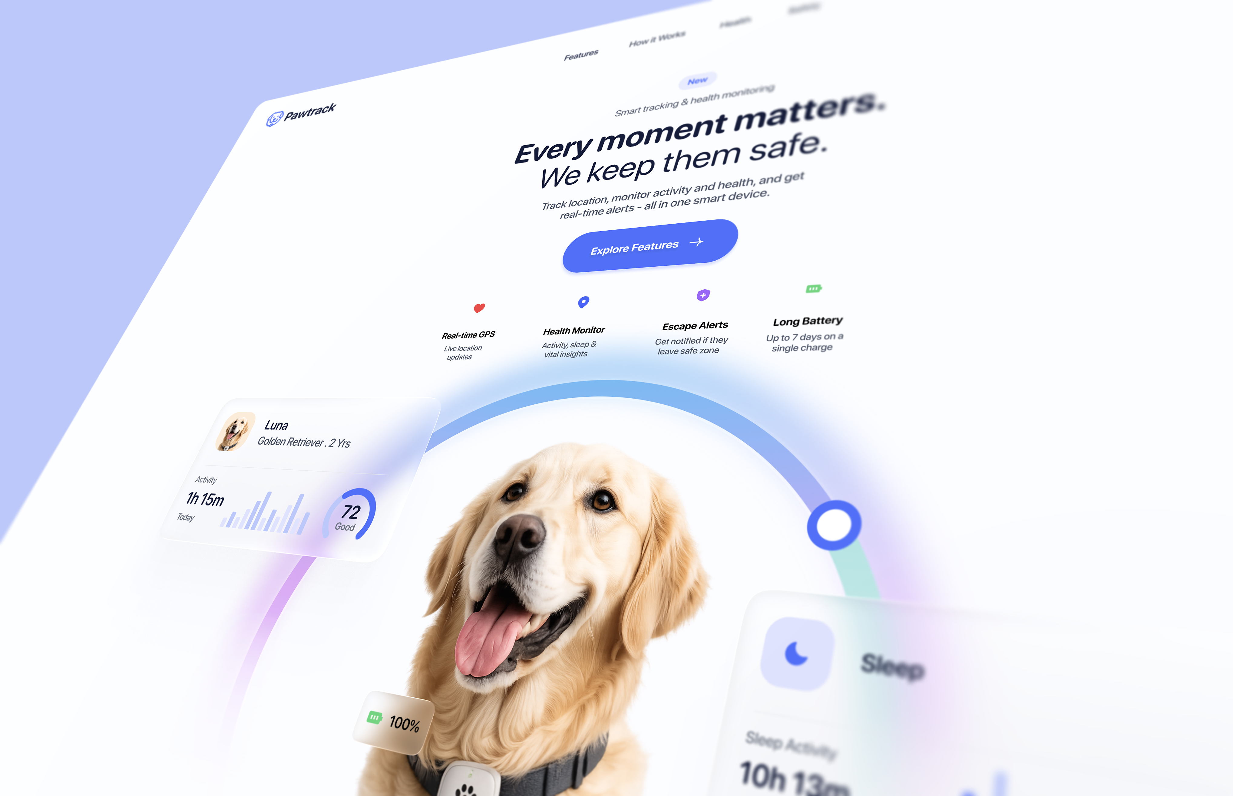 Pet Tracking SaaS Landing Page – Smart Pet Care UI Design dashboard ui landing page ui pet care ui pet tracking product design saas design ui design ux design wearable tech web app design