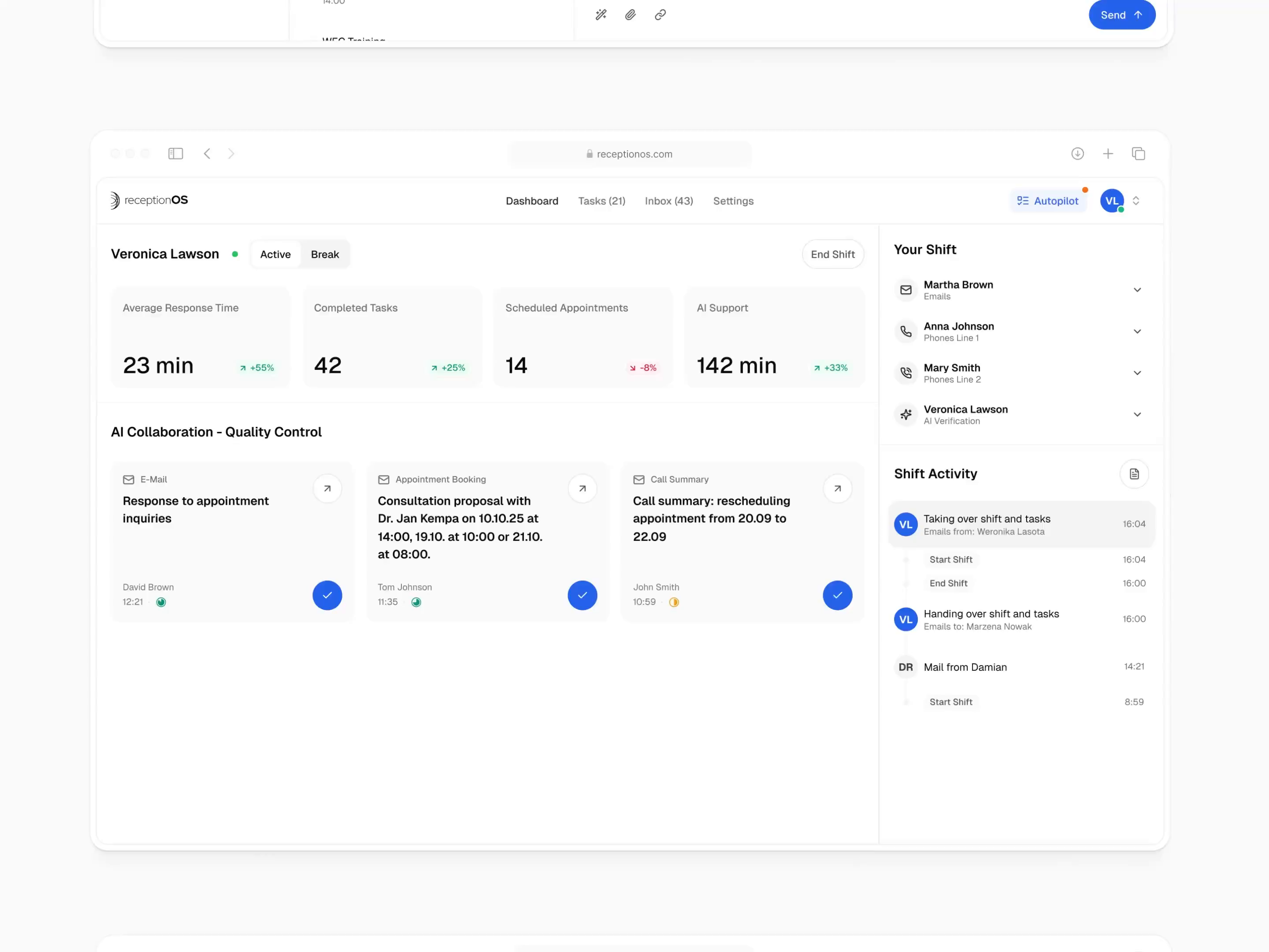 Example of receptionOS - Dashboard Screens