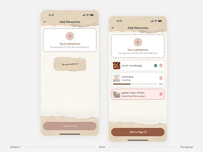 #DailyUI Challenge #031 File Upload (Digital Scrapbook) dailyui dailyui031 design file upload state fileupload mobile app mobile ui playfului productdesign scrapbook ui ui design upload flow upload state ux warmdesign