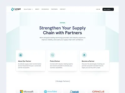 Lynqet - Supply Chain Website Partners Page ai ai native field service ai project management artificial intelligence b2b blog page clean elegant landing page logistics minimalist modern professional saas startup supply chain supply chain management ui design web design website