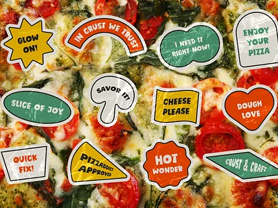 Fun playful sticker design with phrases for pizzeria branding bold brand design brand designer brand identity branding cafe delivery food fun graphic design graphic designer logo design logo designer logomark phrase pizza pizzeria restaurant sticker