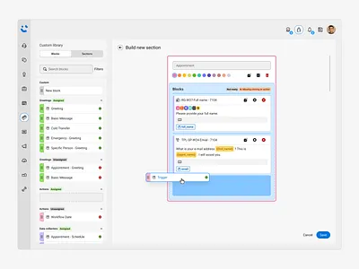 Build new section blocks builder call call center configuration drag drop flow list saas scripts sections sidebar tiles ui ux