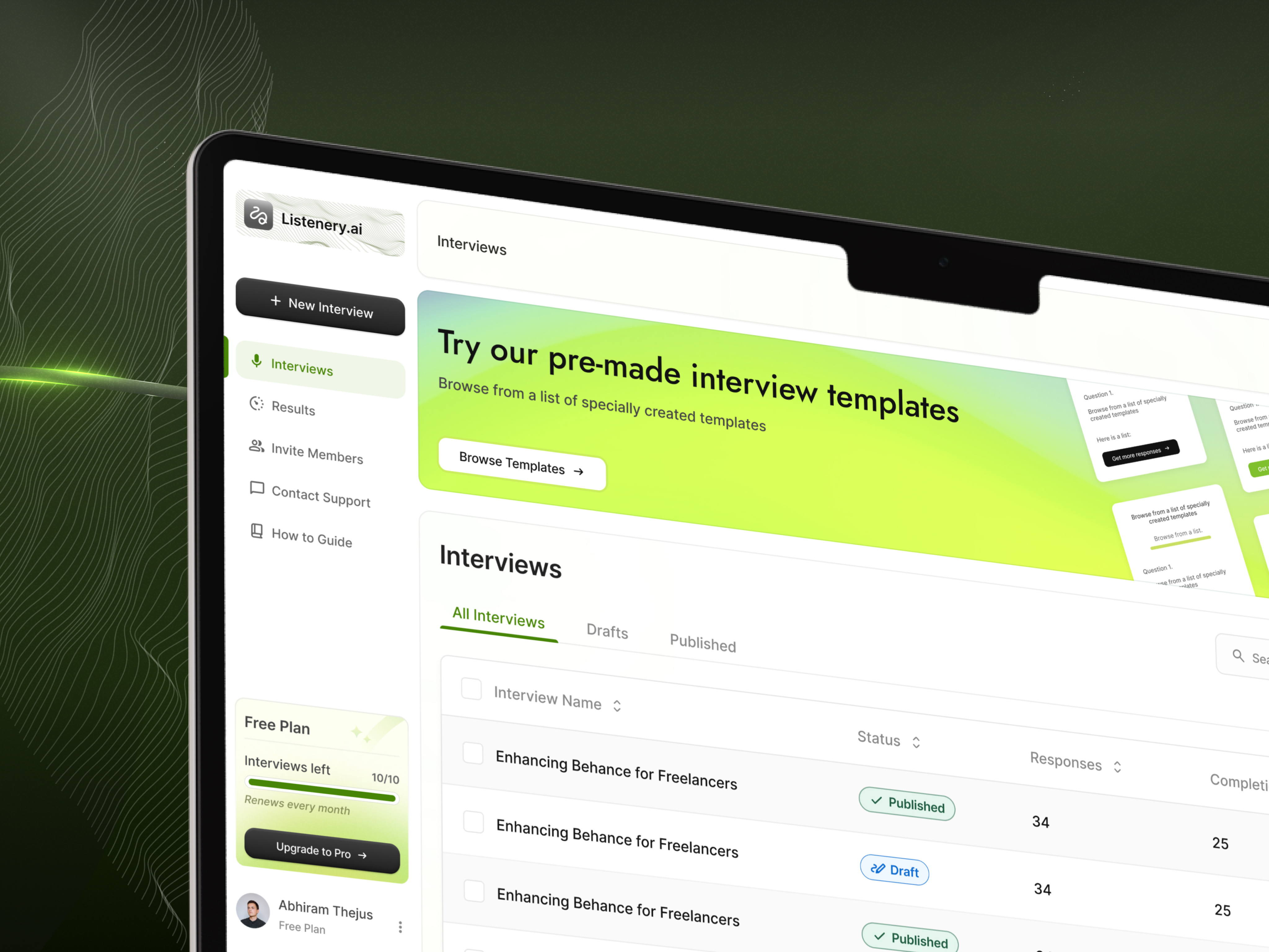Listenary: Interview builder dashboard design admin panel dashboard design design system figma form builder interaction design interface design interview platform minimal design product design quiz builder responsive design saas design startup design ui design ui ux ux design web app web design workflow design