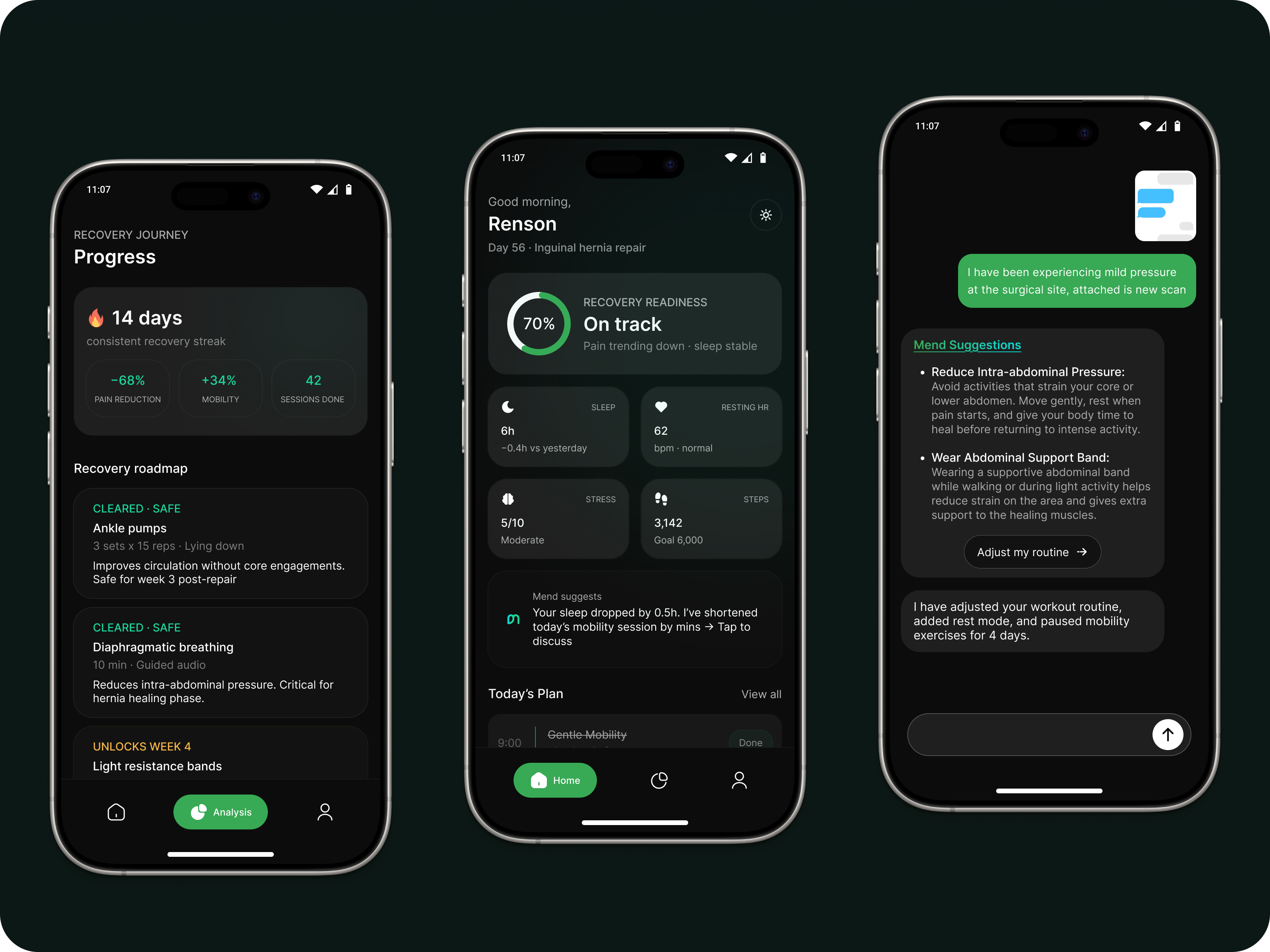 Mend: An AI-powered companion aiding safe return to fitness accessibledesign aiproductdesign conversationalui designthinking digitalhealth femtech healthtech humancenteredai mentalhealthdesign mobileapp mobiledesign physicaltherapy postsurgeryrecovery productdesign ui uidesign ux uxcasestudy uxresearch