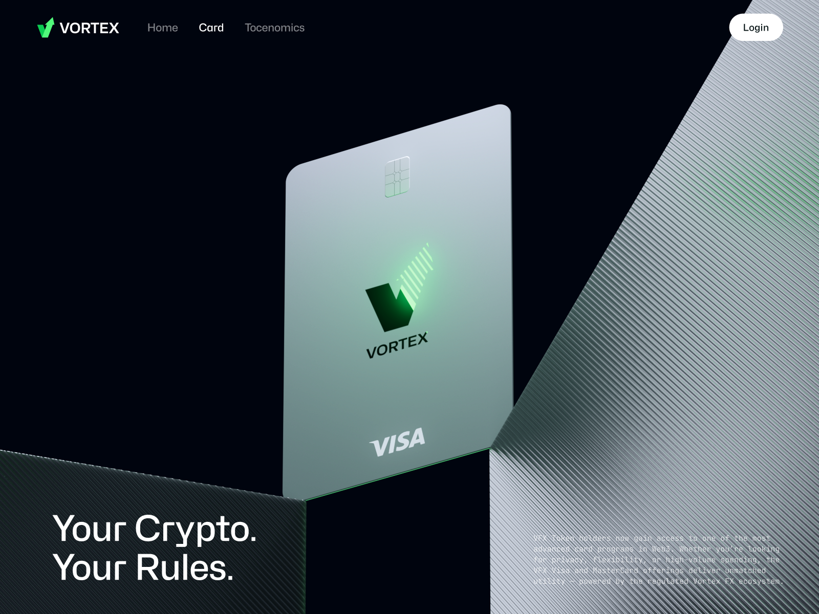 Vortex FX Crypto card landing page web design 3D animation 3d 3d animation 3d art banking card blockchain ecommerce finance fintech hero hero image hero section landing landing page landingpage web web design web3 webdesign website