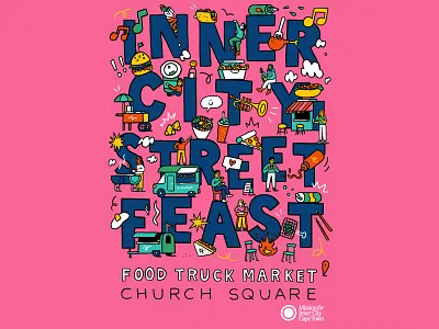 Food Truck Feast 🌮 blue character design doodle eventposter food foodillustration graphic illustration lettering line muti pink poster type vector