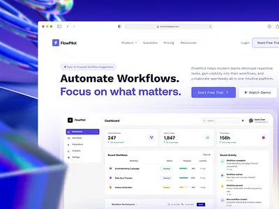 FlowPilot – AI Workflow Automation SaaS Landing Page admin dashboard ai animation automation b2b saas dashboard design dashboard ui homepage design landing page minimal ui modern ui saas saas website software design startup tech website web design website wordpress workflow