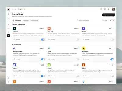 Integrations Dashboard animation api app apps clean dashboard design fireart manage overview toggle ui ux web