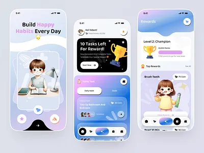 Gamified Kids Routine & Reward Mobile App challenge app children app education app family app gamification habit tracker kids app mobile mobile app modern app onboarding screen playful app reward app reward system routine tracker self improvement task management