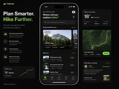 Hiking App Dark Mode UI app design clean ui dark mode dark theme dashboard fitness hiking ios map mobile app mobile ui navigation outdoors travel typography ui user experience user interface ux widgets