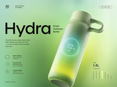 Smart Bottle Product Page with Daily Insights 3d render branding connected device dashboard data visualization fitness tech gradient green health tech industrial design iot product landing page lifestyle product minimal design product design smart bottle tech product ui design ux design water bottle