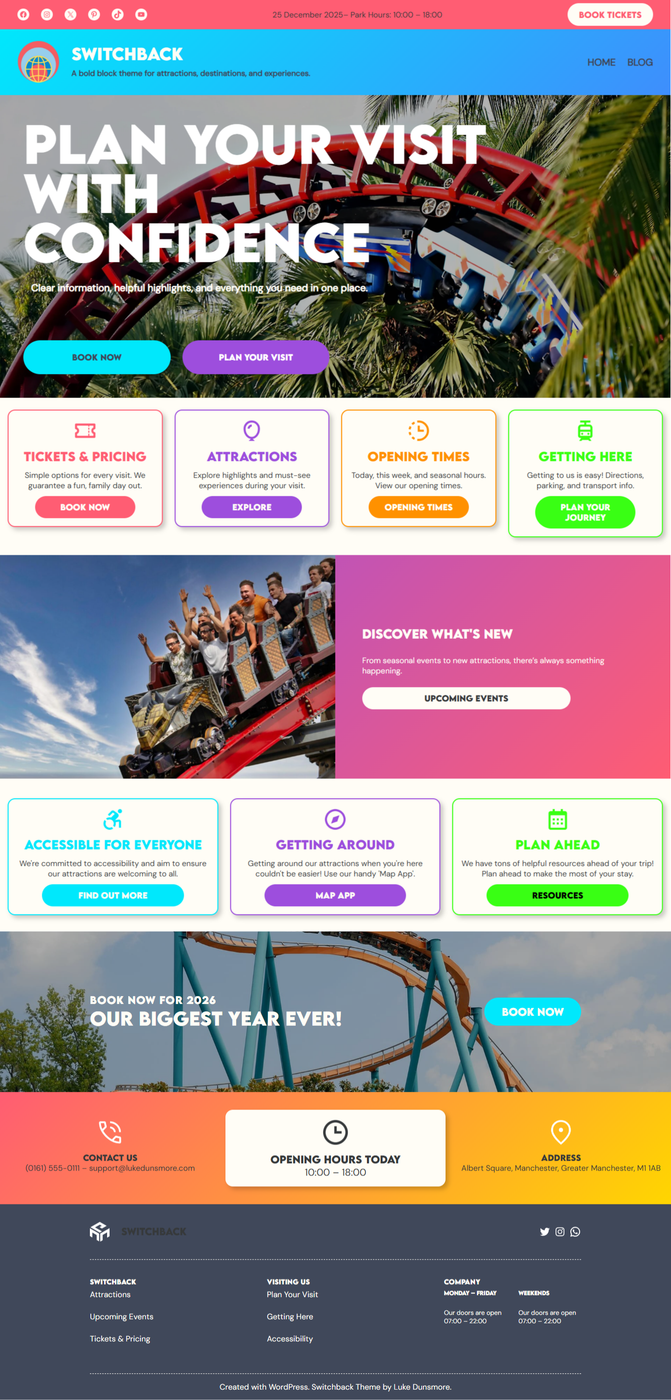 Switchback - WIP WordPress Block Theme Built for Theme Parks block theme branding clean design fse graphic design logo modern theme parks typography ui web design wordpress