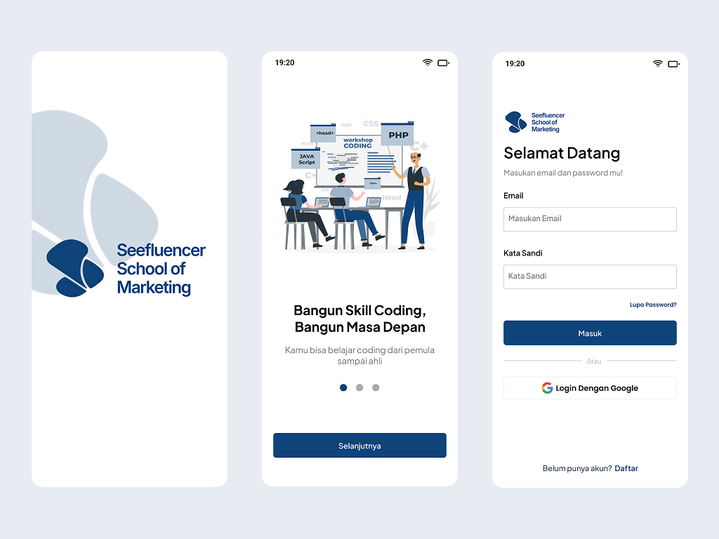 Feefluencer App - Build Learning App app design course learning app login mobile register splashscreen ui