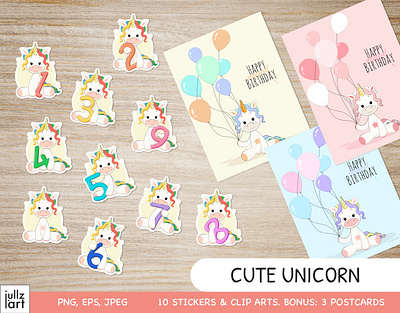Cute Unicorn bundle collection birthday bundle collection colorful illustration postcard set stickers