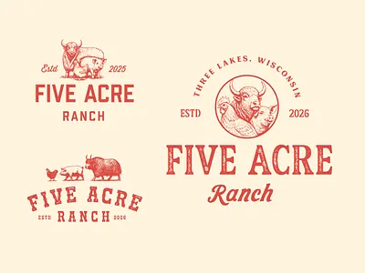 Five Acre Ranch Logo chicken chicken logo farm farm logo farming farming logo five acre five acre ranch logo pig pikg logo ranch ranch logo ranching stamp vintage western yak yak logo