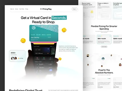 FinTech Virtual Card Landing Page Design ai design ai platform finance finance landing page finance management finance website fintech fintech design homepage interface landing page landing page design minimal minimal design modern design personal finance website service startup web website design