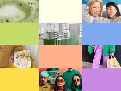 Bold 80s genz color palette, lime, blue, purple, yellow, peach 80s beverage blue bold brand design brand designer brand identity branding color palette genz graphic design inspiration lime logo designer logomark matcha mood board peach purple yellow
