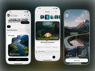 AI Travel Planner and Boking App adventure travel design ai ai travel assistant app design boking booking app interface fitness tracker glassmorphism ios design itinerary mobile app minimalist ui design outdoor activity tracker planner product design ticket boking tourism app ui travel travel app design trip planner app