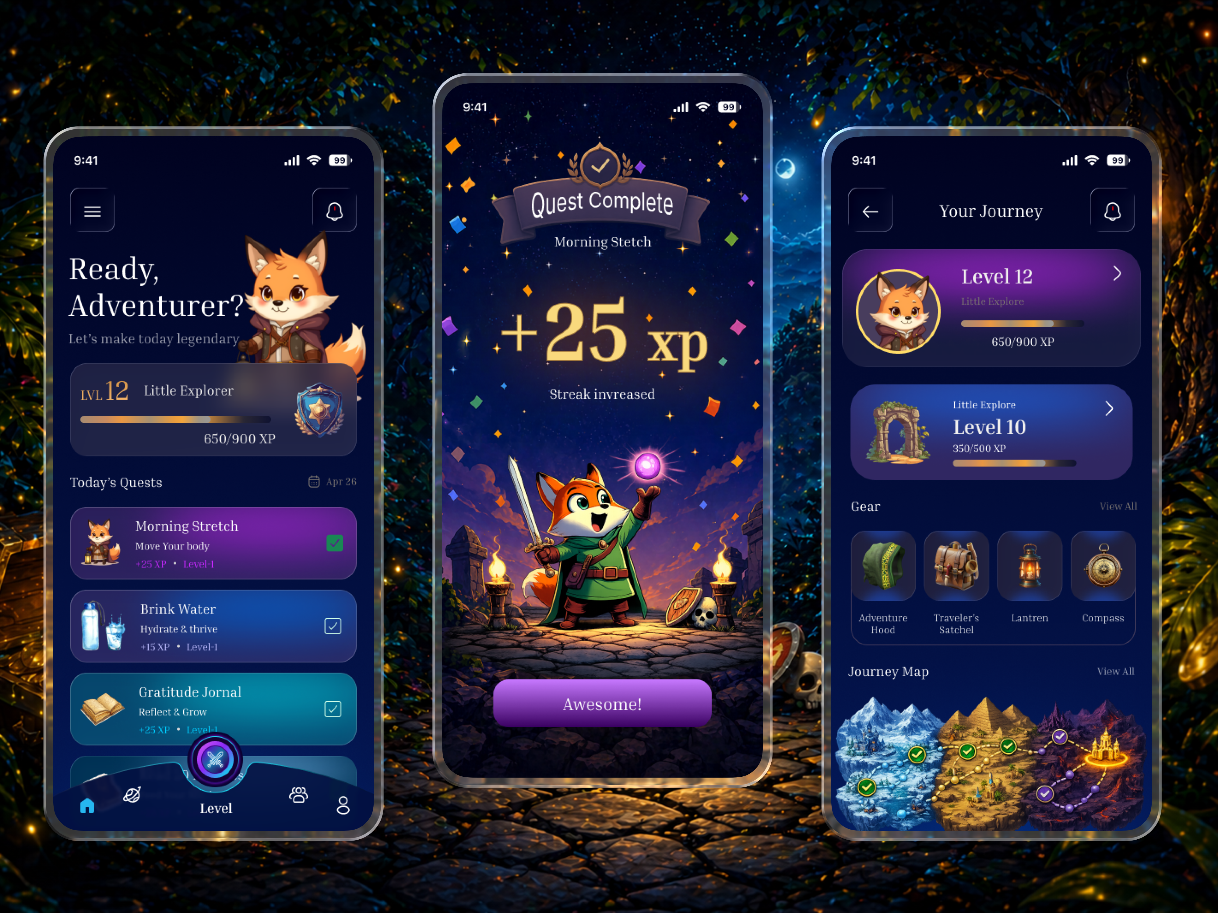 Fantasy Habit Tracker Mobile App UI Design achievement system app design creative ui daily habits dribbble shot fantasy habit tracker fantasy ui game ui gamified ui glassmorphism habit tracker app level up your life mobile app design mobile ui productivity app quest based app rpg design self improvement app ui ux design ux design