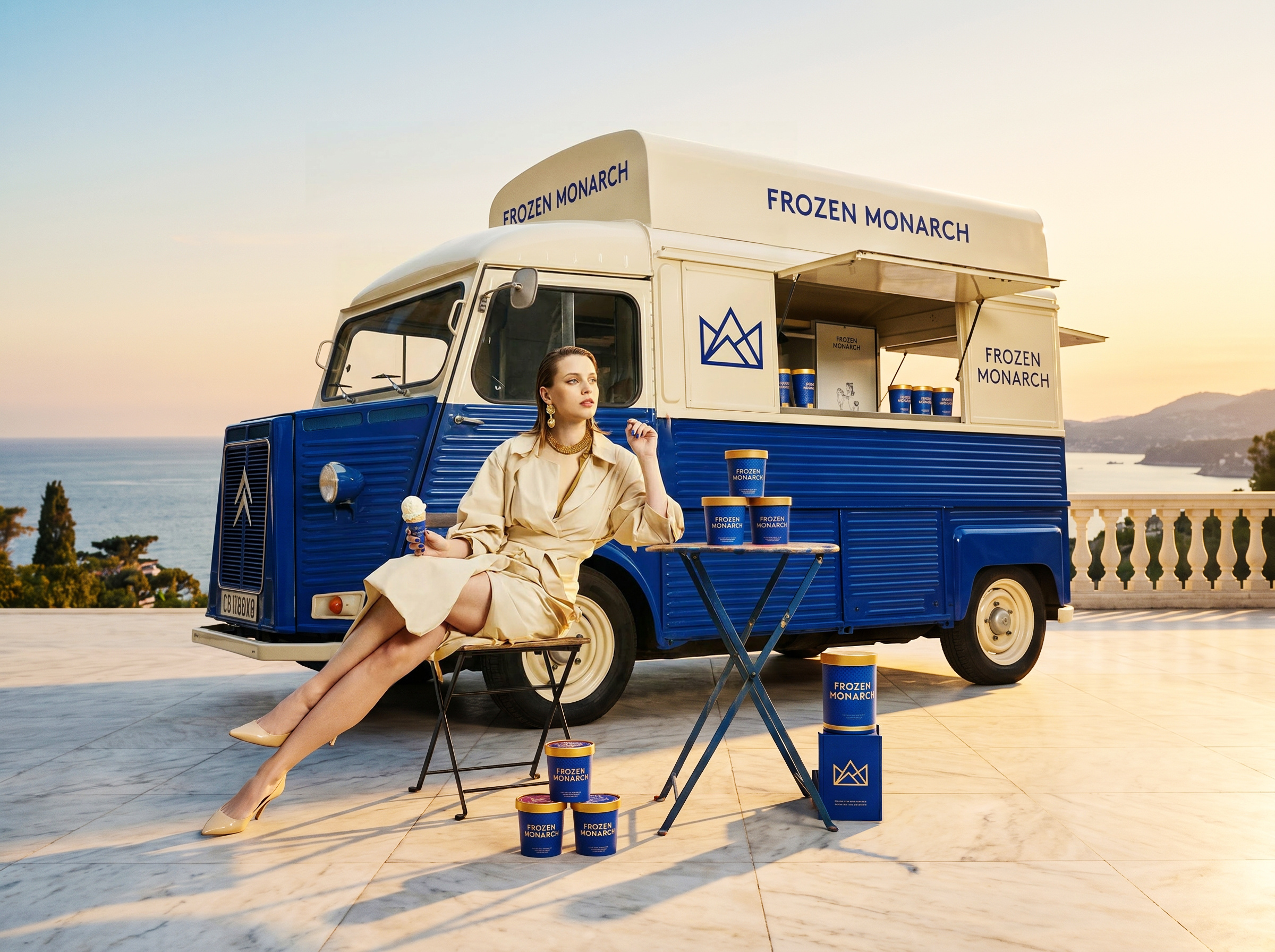 FROZEN MONARCH | Luxury Ice Cream Branding & Retail by Up-Brand™ ancient modernity brand identity branding identity brutalist architecture crown logo experience design food truck design frozen dessert ice cream packaging lifestyle luxury branding luxury ice cream modern luxury packaging design retail design royal blue sublime chill up brands visual identity 品牌