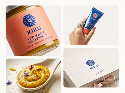 KIKU | Modern Miso & Adaptogen Wellness Branding by Up-Brands™ adaptogens brand identity chrysanthemum logo coral and blue experience design gift set design inner beauty japanese aesthetic lifestyle luxury branding luxury food branding miso packaging modern luxury packaging design probiotic products retail design up brands visual identity wellness branding 品牌