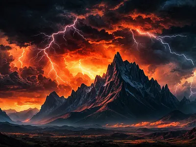 Lightning clouds colorful dark sky illustration landscape lightning mountains orange red scenery scenic