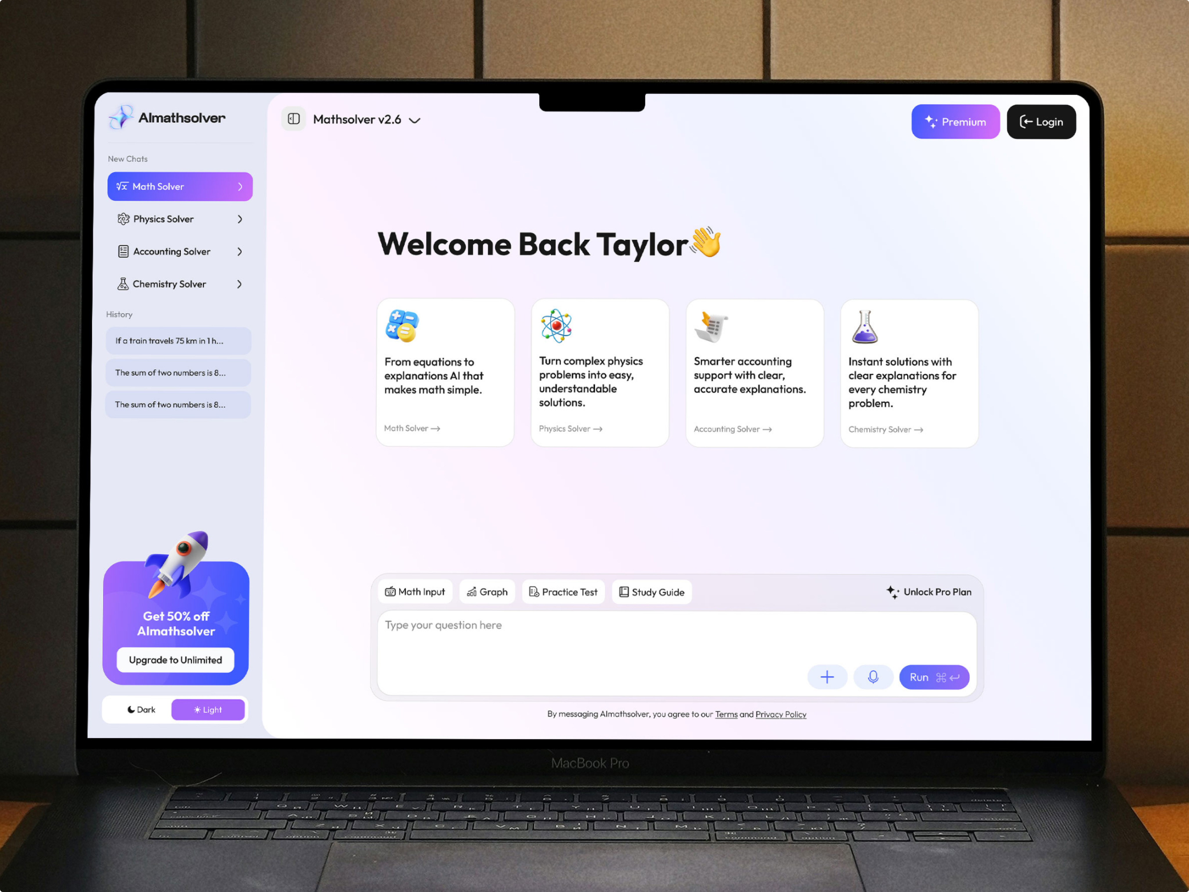 AI Math Solver ai app ai interface ai math solver ai solver artificial intelligence chemistry app clean ui dashboard ui desktop app desktop ui education mac app learning app mac app macos app math solver modern ui productivity app student app study app ui design