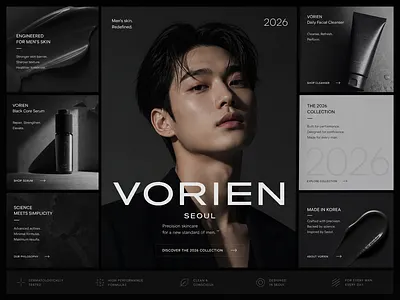 Men's Skincare E-Commerce Bento Grid beauty bento grid branding cards cosmetics dark mode ecommerce editorial grid layout grooming interface landing page minimalist monochromatic premium skincare typography ui web design website