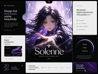 Creative Studio Website Bento Grid anime bento grid branding cards clean creative studio dark mode digital agency futuristic grid layout illustration landing page modern portfolio purple typography ui user interface web design website
