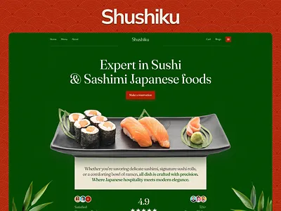 Shushiku - Sushi Bar & Japanese Restaurant Website Design creativeui dribbble figmadesign foodbusiness foodui framerdesign hospitalitydesign japaneseui restaurantwebsite sushi sushibar sushirestaurant uiuxdesign uxinspiration webdesign webflow