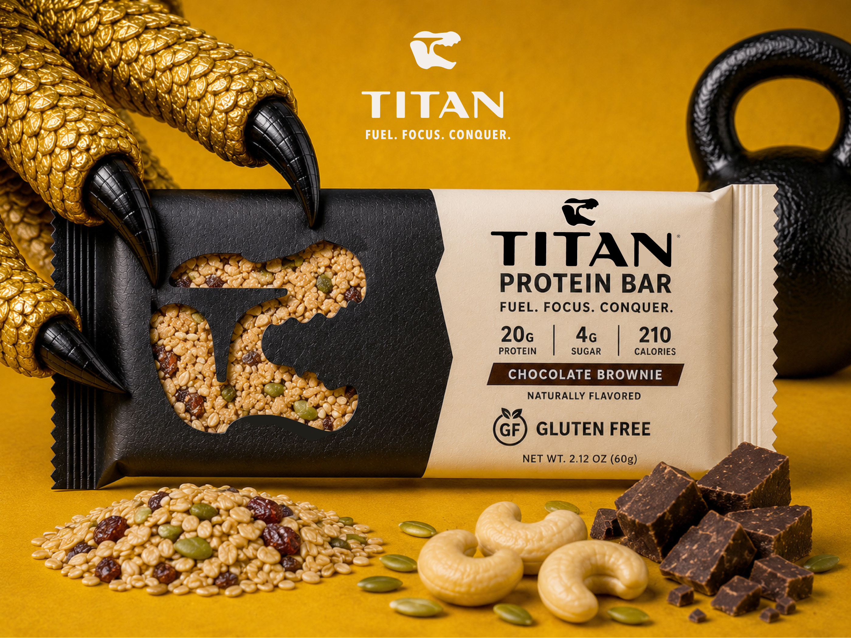 Titan Protein Bar Packaging Design branding brandmark dinosaur fitness food graphic design health identity illustration label design logo logo design logos packaging design print titan trex wrapper