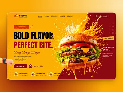 Premium Food Delivery Web UI Concept burger landing page burger promotion clean interface design creative landing page dribbble trending design fast delivery service fast food ui food app design food delivery hero section design landing page design modern ui design premium ui restaurant branding restaurant website saas style ui ui inspiration ux design vibrant web design web design
