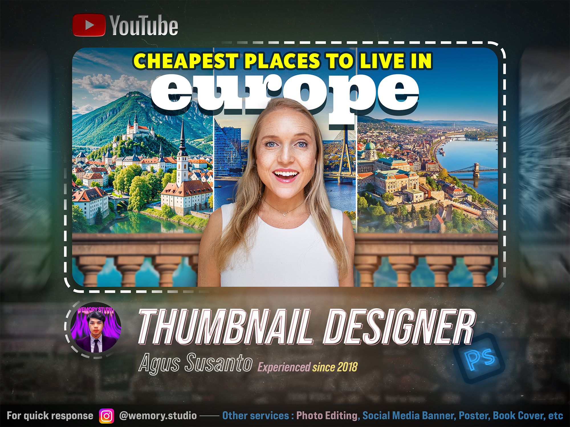 Thumbnail Design - Cheapest places in Europe graphic design manipulation photo editing photoshop thumbnail youtube thumbnail