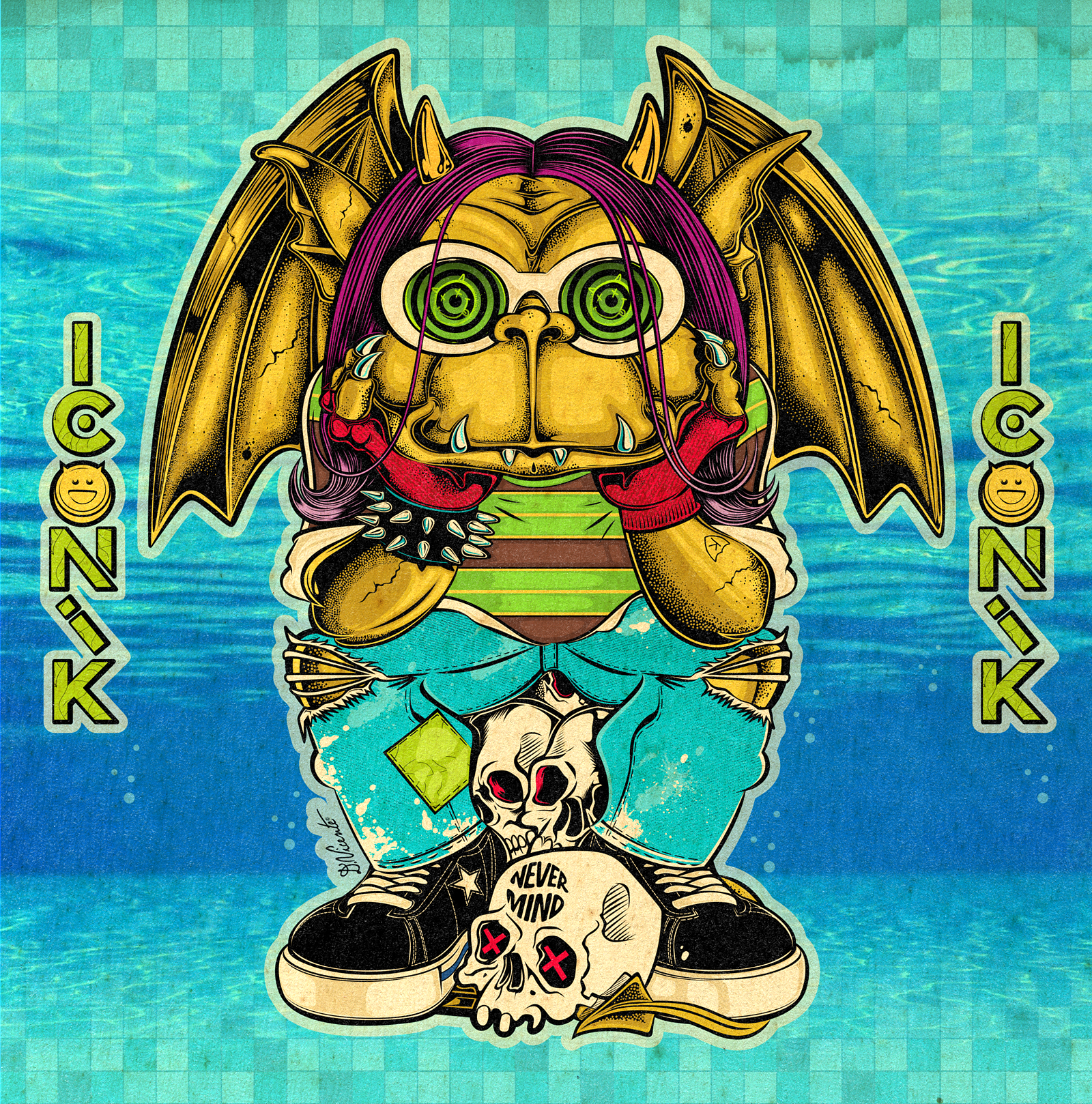 TEEN GARGOYLE #16 – KURT COBAIN / NEVERMIND VIBES 90s culture alternative rock cartoon character character design david vicente digital illustration grunge art grunge illustration iconic character kurt cobain monster art music tribute nevermind nirvana vibes pop culture art retro illustration teen gargoyle underground culture vintage texture weird art