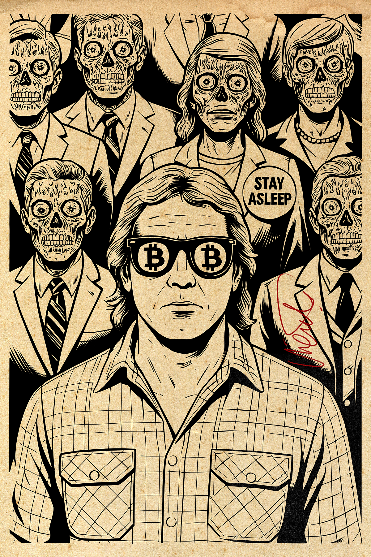 WAKE-UP DRAWING – THEY LIVE VIBES anti system bitcoin art black and white illustration comic style conspiracy art cult movie vibes david vicente dystopian art illustration ink drawing political art pop culture art resistance art retro illustration skull art social satire subversive art they live underground art wake up