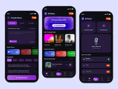 AI Music Generator ai app ai interface ai music ai music generator app design audio app beat maker clean ui creative ai dark ui generative ai minimal ui mobile app design mobile ui modern ui music app music generator sound design text to music ui design